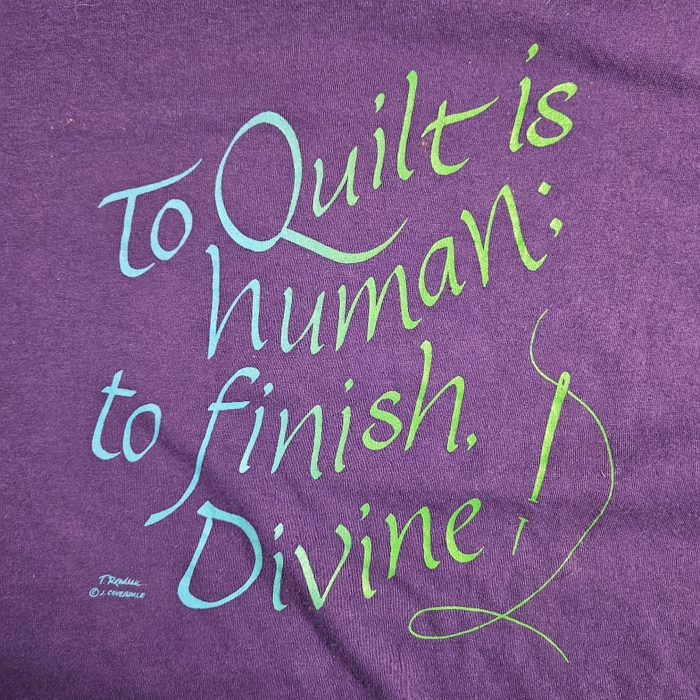 Vintage 80s 90s Jerzees Purple Cotton Funny Quilting Quote T-shirt Size Large - Picture 2 of 4